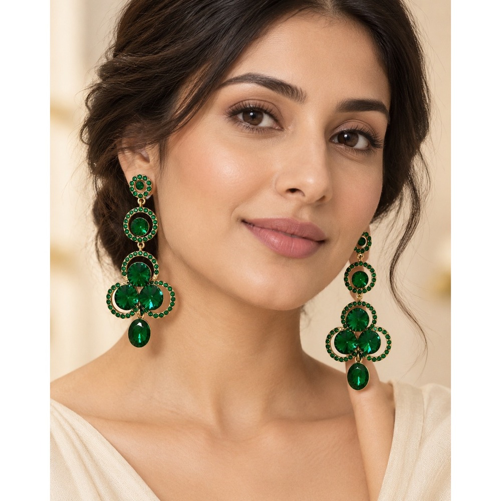 Emerald Green Rhinestone Statement Chandelier Earrings Gold Tone Glam Jewelry